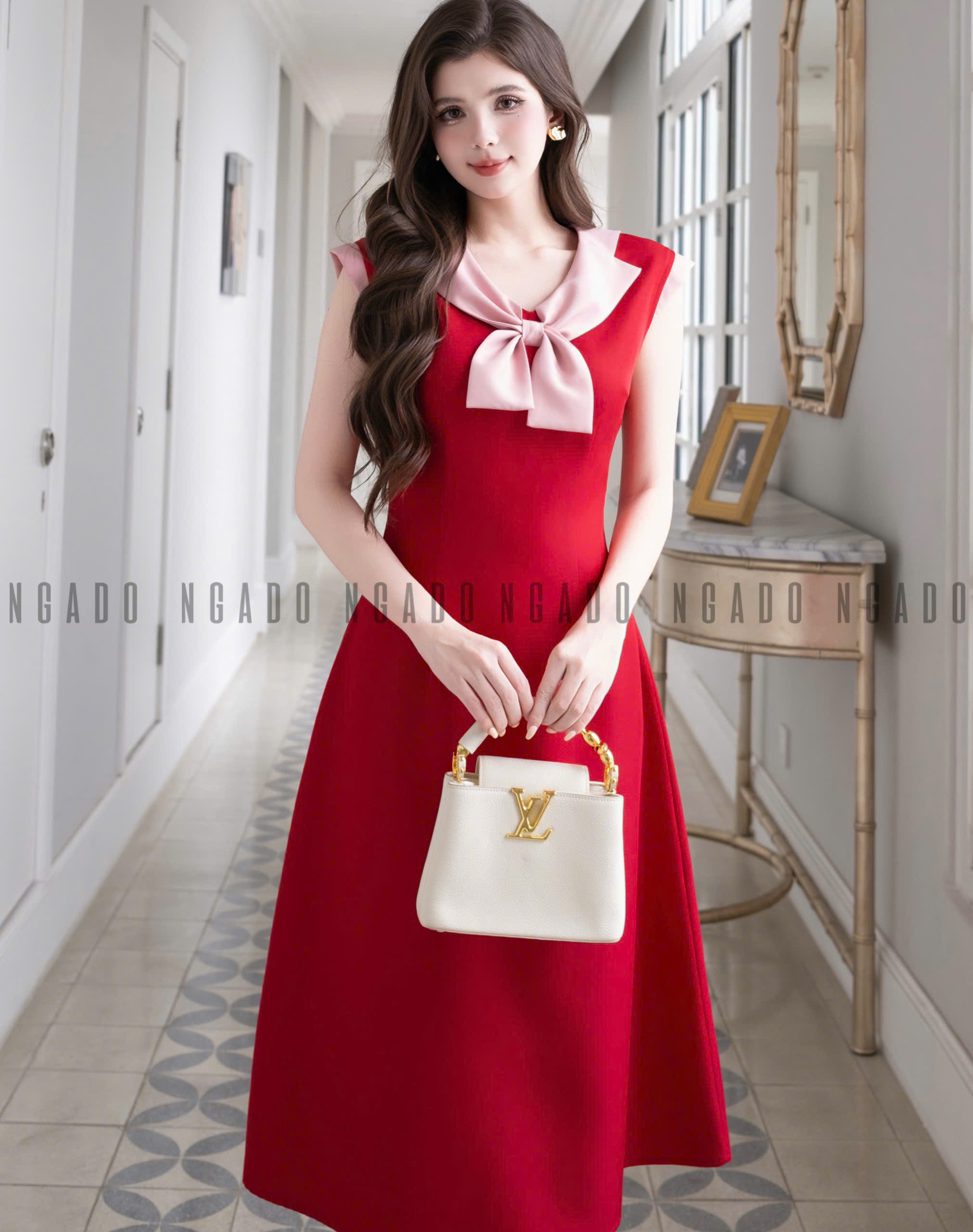 Đầm đỏ phối nơ hồng NGADO , đầm nữ , đầm dự tiệc