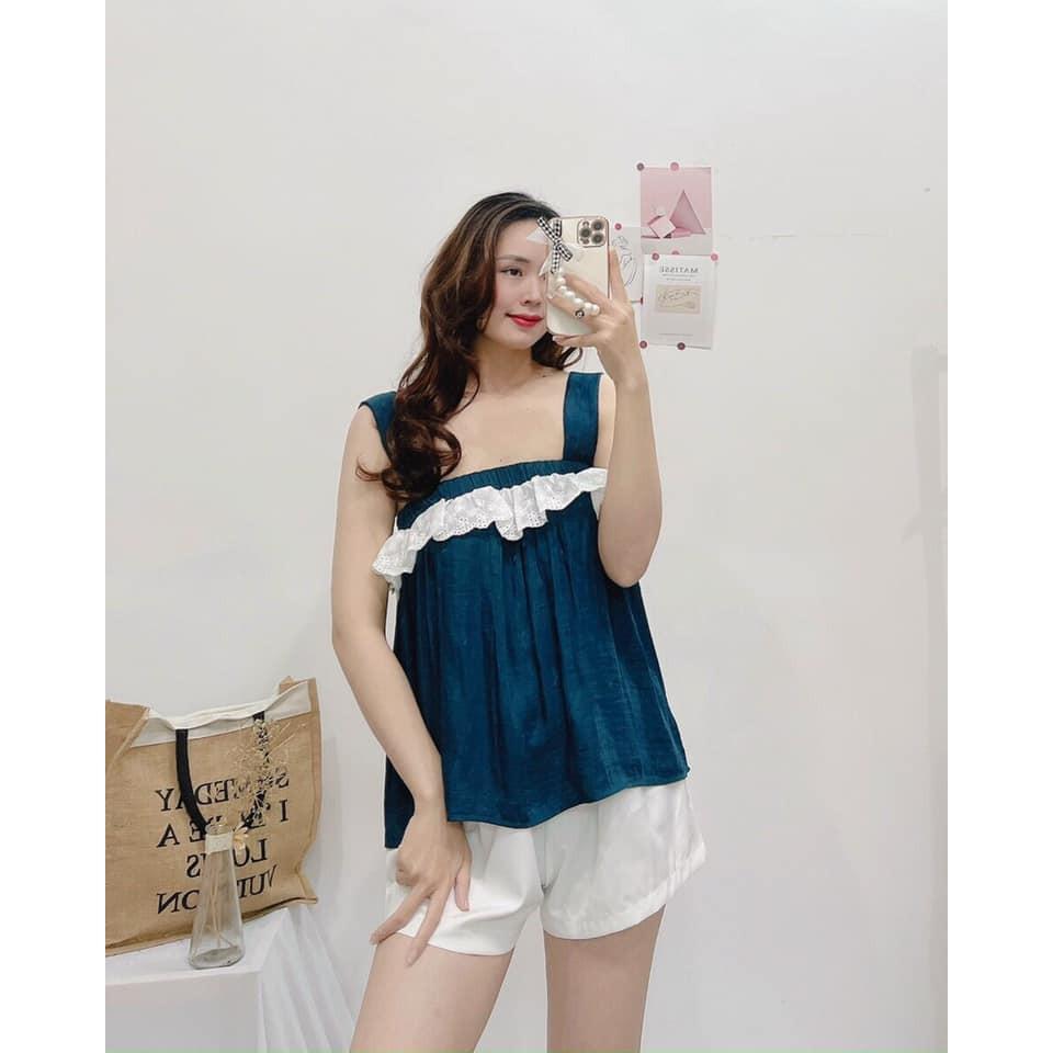 SET 2 DÂY XANH REN+QUẦN ĐÙI TRẮNG-hình thật shop chụp