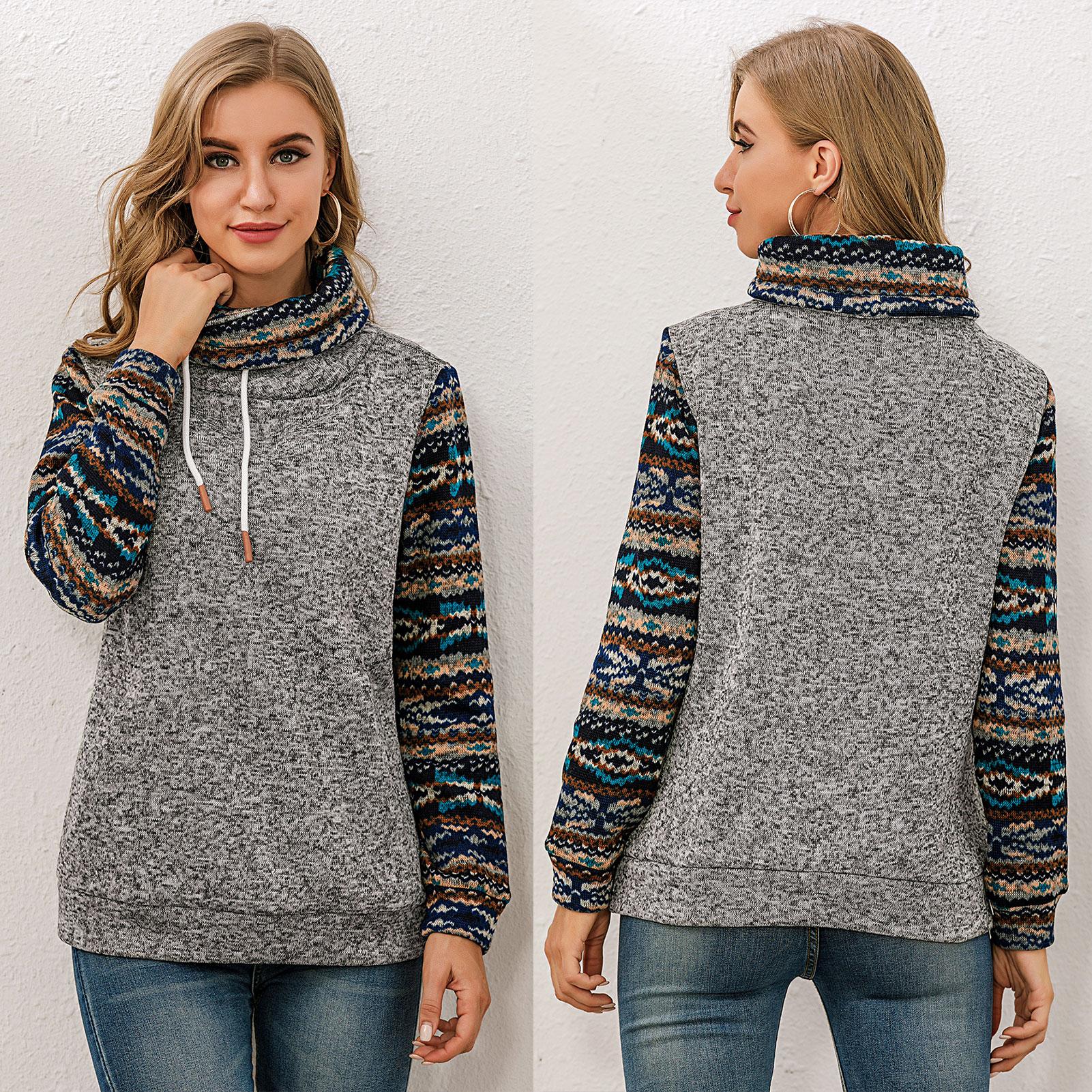 Women Sweatshirt Vintage Print Splicing Turtleneck Pocket Brushed Pullover Shirt Soft Casual Tops
