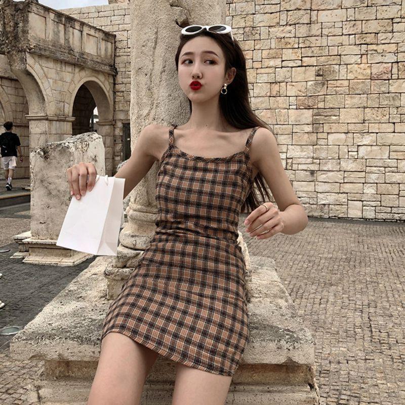 Đầm Nữ Hai Dây Kẻ Sọc Caro Thời Trang