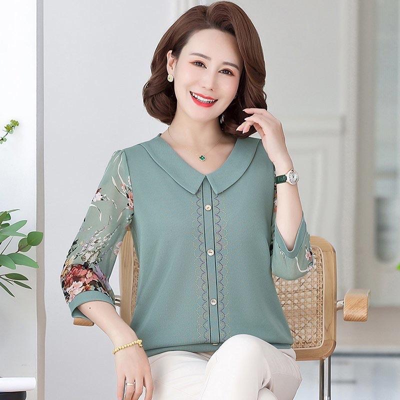 Áo kiểu trung niên nữ đẹp, Sơ mi tay phối họa tiết voan hoa cổ bẻ, Chất liệu thun cotton mềm mát, Quà xinh tặng mẹ yêu