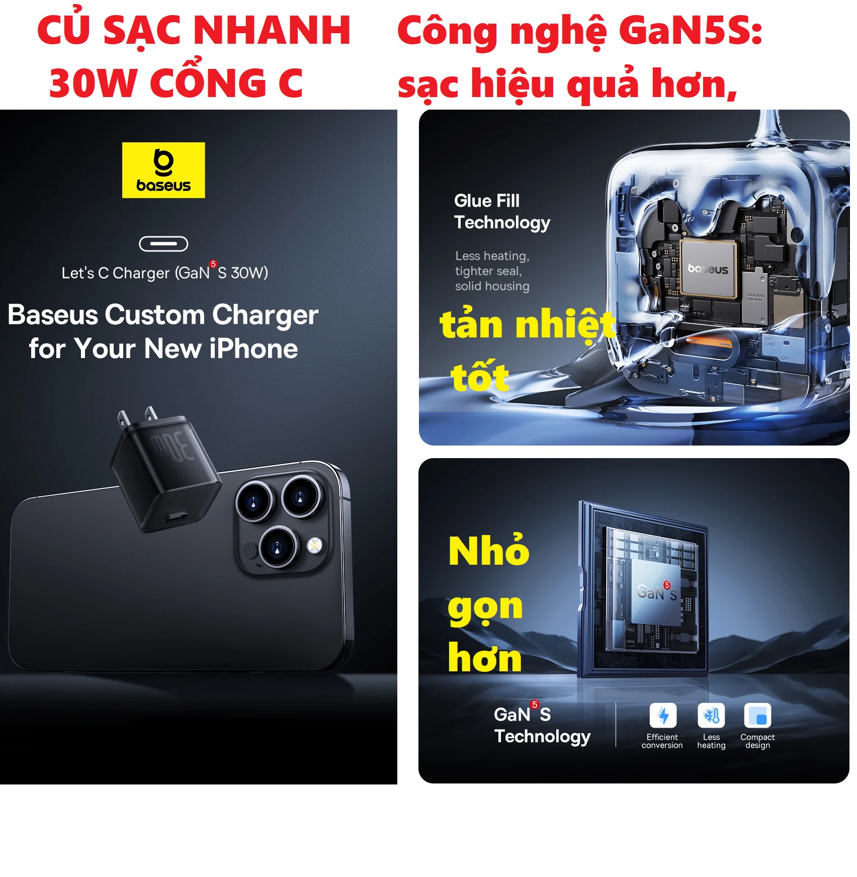 Củ sạc nhanh 30W 20W 1cổng Type C cho iP 14/15 series laptop tablet Baseus GaN5S CCGAN30S5-S _ Hàng chính hãng