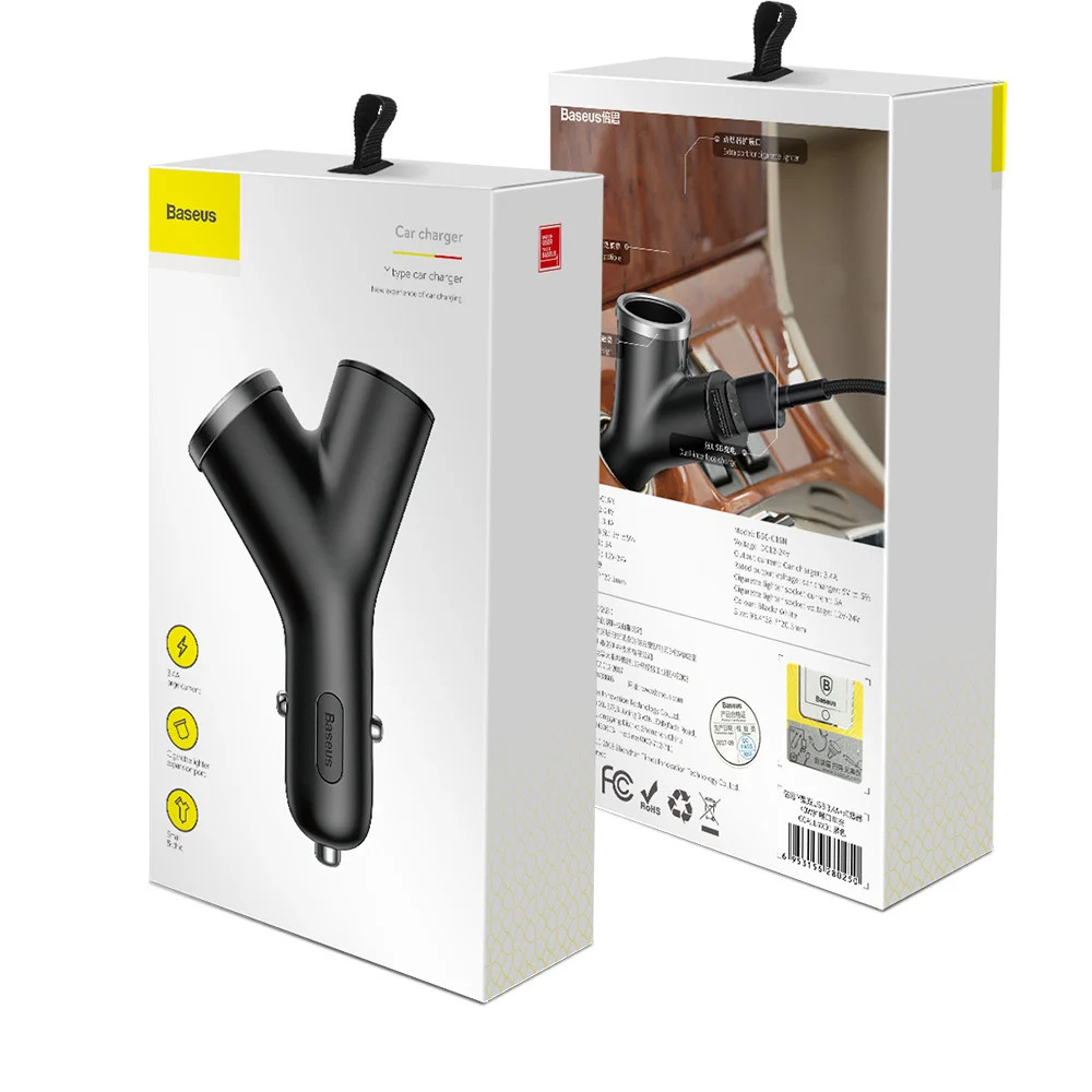 Bộ tẩu sạc mở rộng 3 trong 1 dùng cho xe hơi Baseus Y Type Dual USB - hàng chính hãng