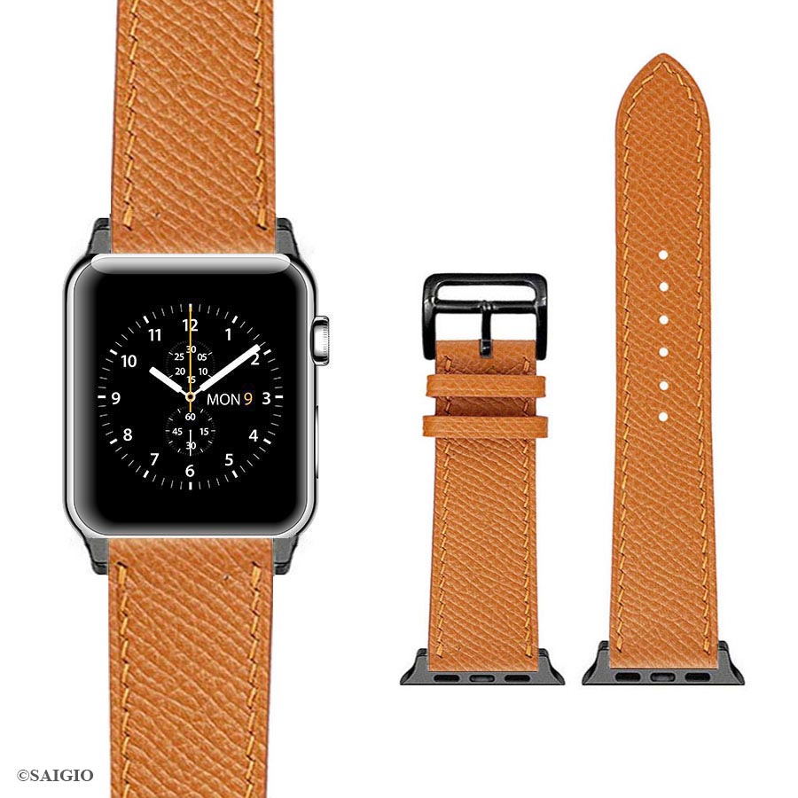 Dây Đồng Hồ Apple Watch 41mm 40mm 38mm, Chất Liệu Da Bê EPSOM Thảo Mộc Cao Cấp, Nhập Khẩu Từ Châu Âu, Dây Đeo Phong Cách Hiện Đại và Sang Trọng, Tương Thích Các Phiên Bản Series 8/7/6/5/4/3/2/1/SE/SE2 - Vàng Bò - ADAPTER BẠC