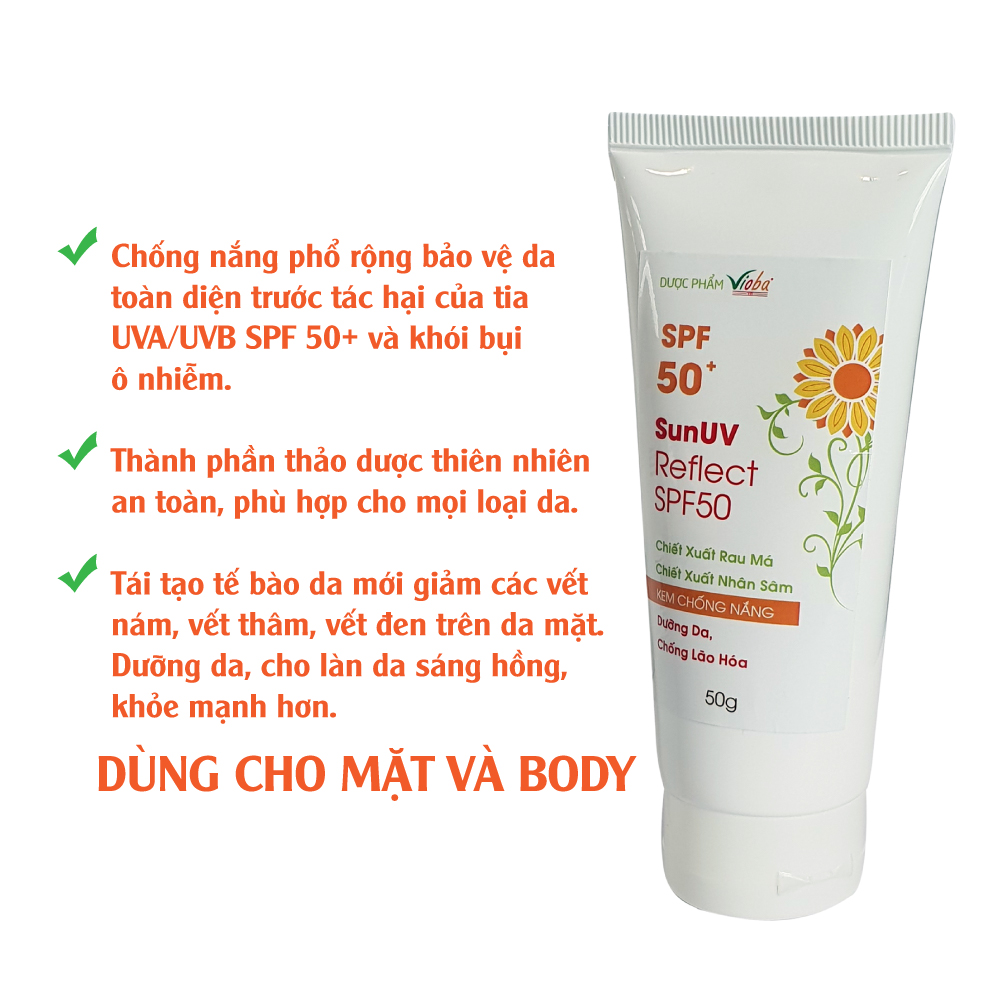 Dưỡng da, chống lão hóa chống nắng, ngăn tác hại của các tia: UVB, UVA. Góp phần làm mờ các vết: thâm, nám, tàn nhang. Kem chống nắng SunUV Reflect SPF50, tuýp 50g.