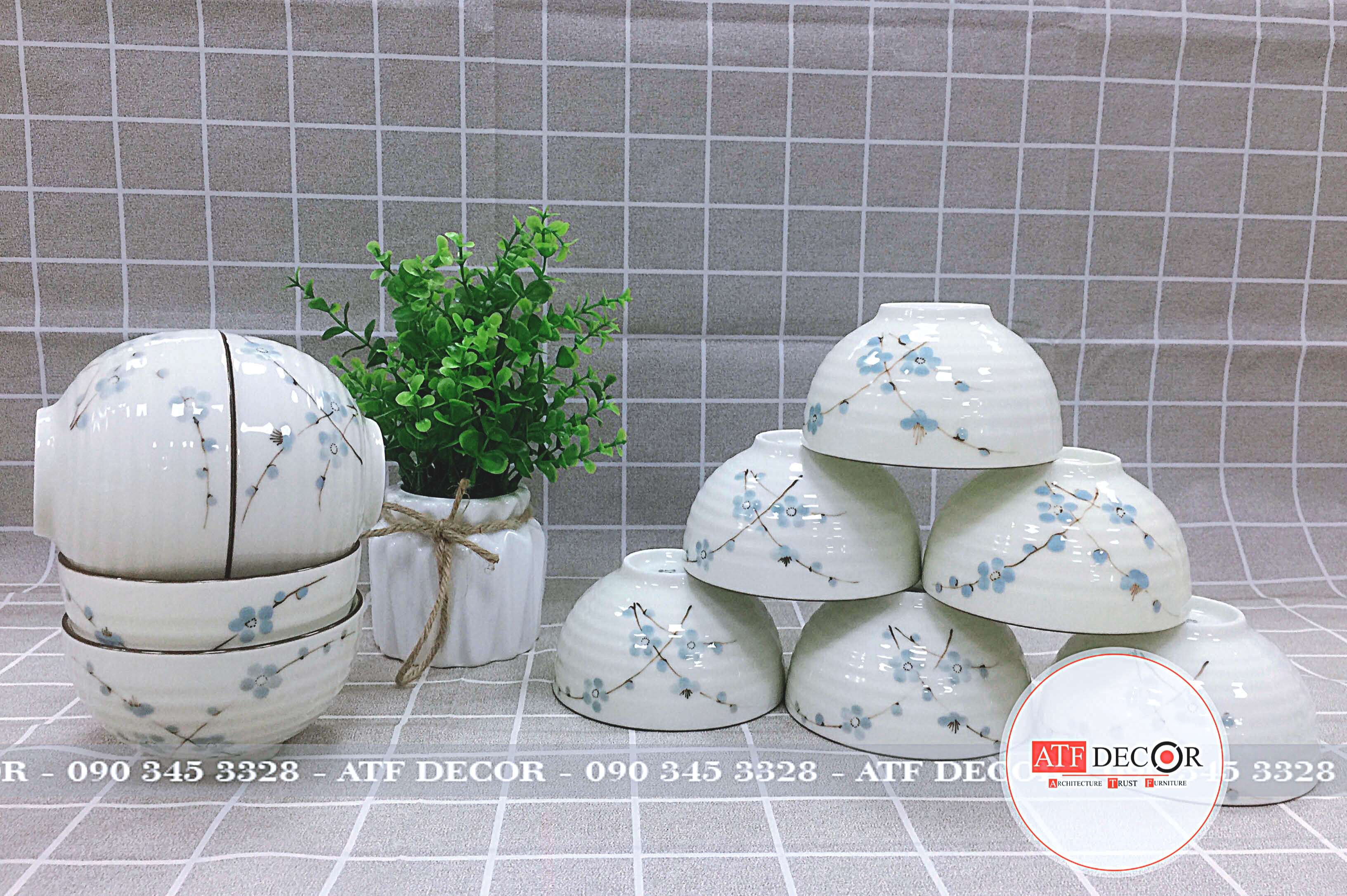 Bộ 10 bát cơm men kem Bát Tràng cao cấp vẽ đào xanh