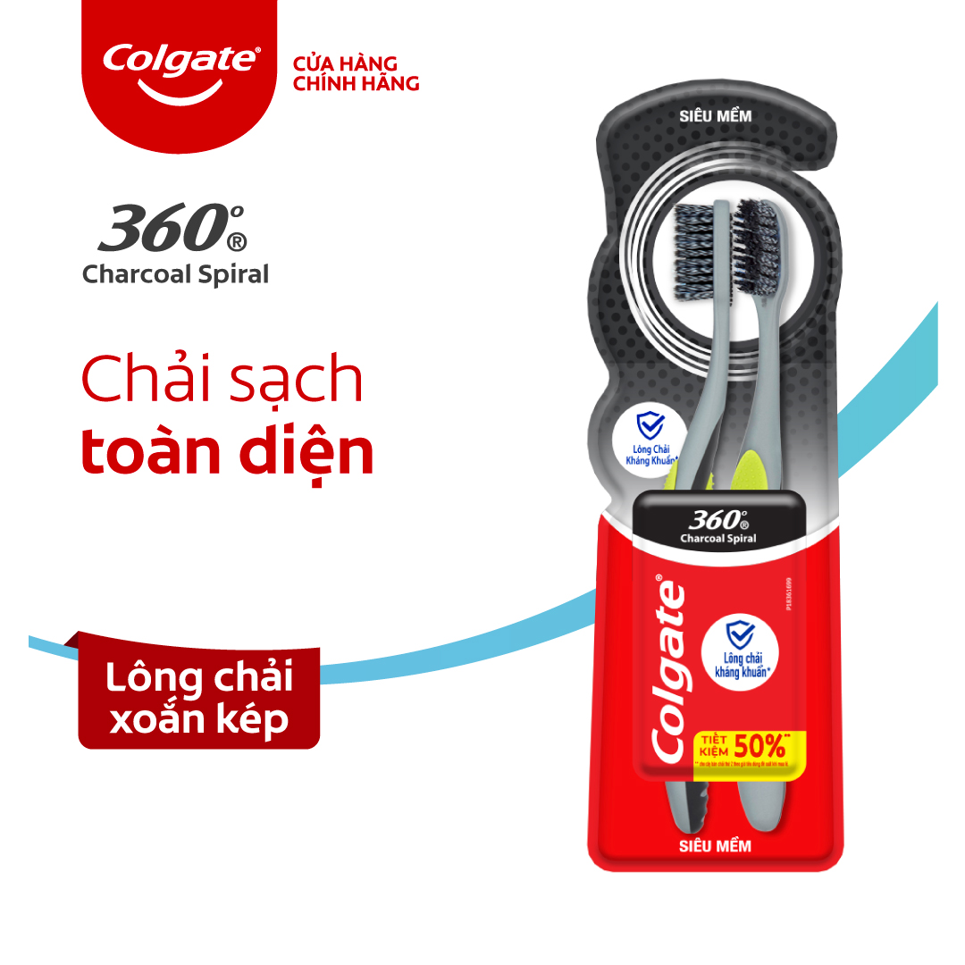 Combo 2 bàn chải đánh răng Colgate 360 than hoạt tính kháng vi khuẩn Charcoal Spiral lông chải xoắn kép