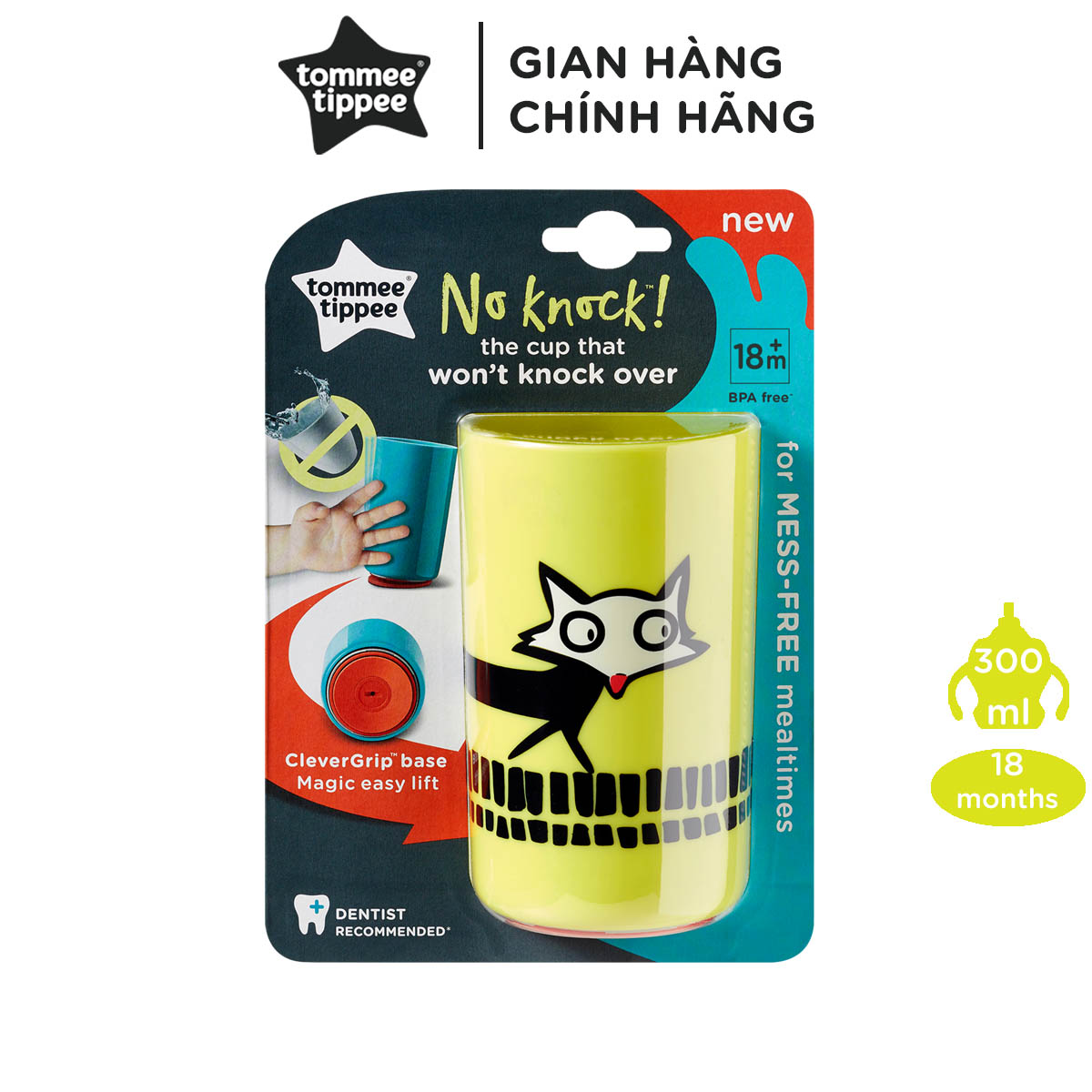 Ly uống nước chống đổ cho bé Tommee Tippee No-Knock 300ml từ 18 tháng - Vàng