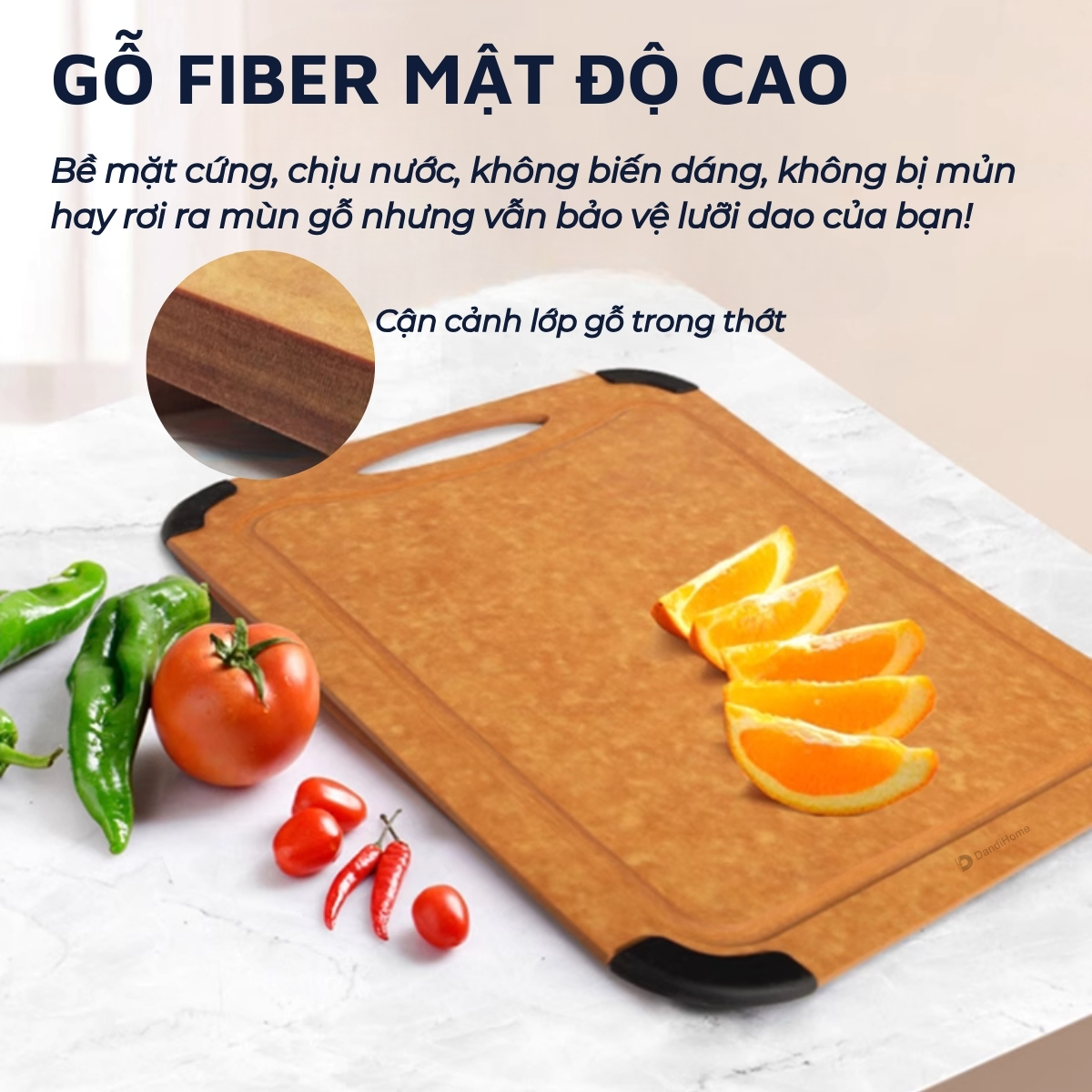 Thớt gỗ sợi fiber DandiHome chịu nhiệt 177 độ C, sử dụng với máy rửa bát, không BPA, không mùi, không lo ẩm mốc