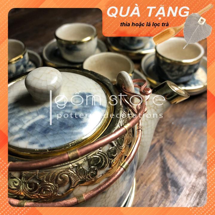 Ấm chén Bát Tràng men rạn giả cổ dáng vại bọc đồng, tặng kèm muỗng gỗ pha trà