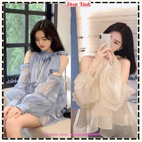 Áo bèo cổ nơ dáng yếm khoét vai tay rơi chất tơ ngọc tra.i, Áo bánh bèo cổ yếm màu xanh da trời, kem be