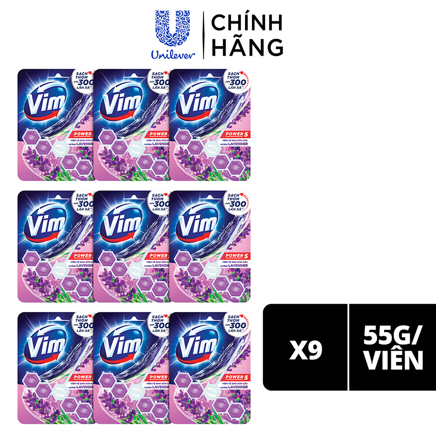 Combo 9 Viên Tẩy Bồn Cầu Vim Power 5 Sạch Khuẩn Thơm Mát (55g/viên) | Hương Lavender