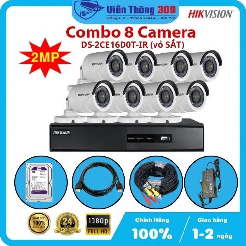 Trọn bộ 8 camera giám sát Hikvision trong nhà, ngoài trời Full HD, bộ camera hồng ngoại 20m - Hàng chính hãng