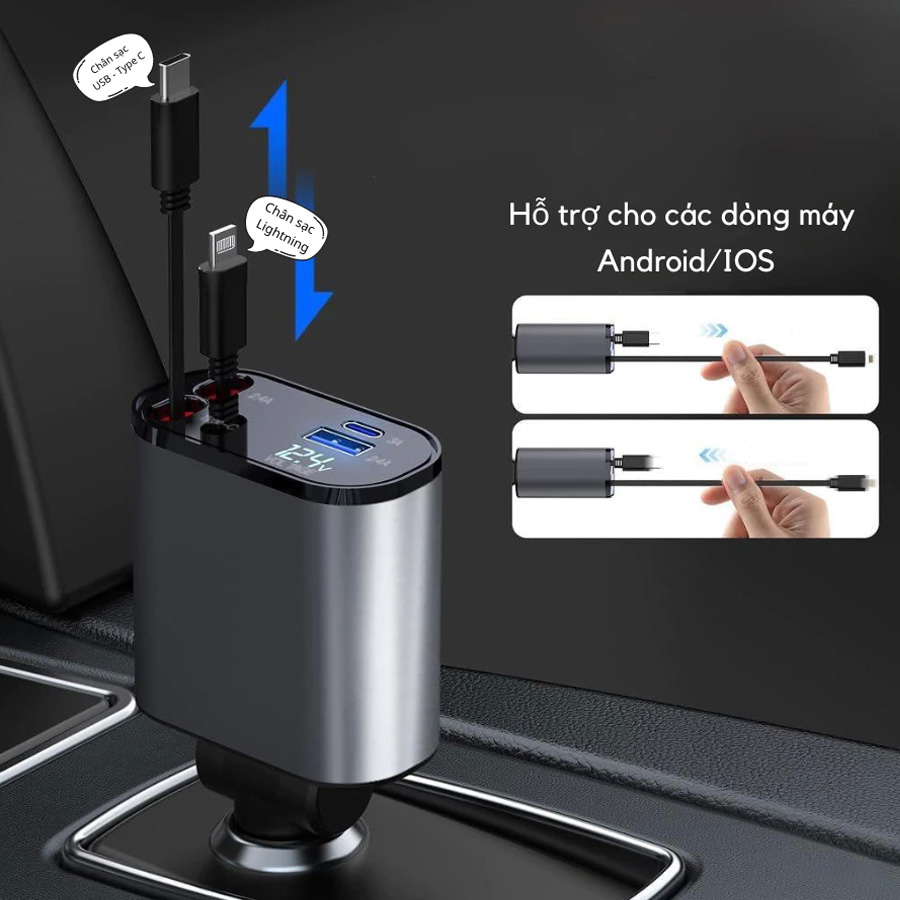 Tẩu Sạc Nhanh C1 Dây Rút Tự Động 4 in 1 USB Type-C Và Lightning Đa Năng Vỏ Hợp Kim Cao Cấp - Nhập Khẩu Chính Hãng