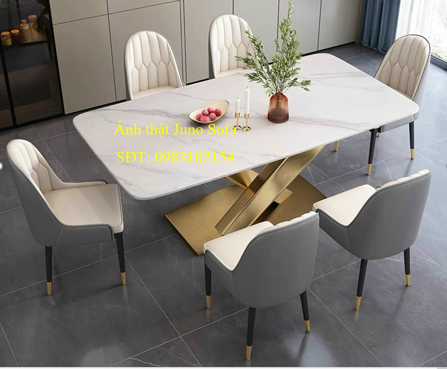Bộ bàn ăn Juno Sofa 6 ghế nhập khẩu chân x kim loại