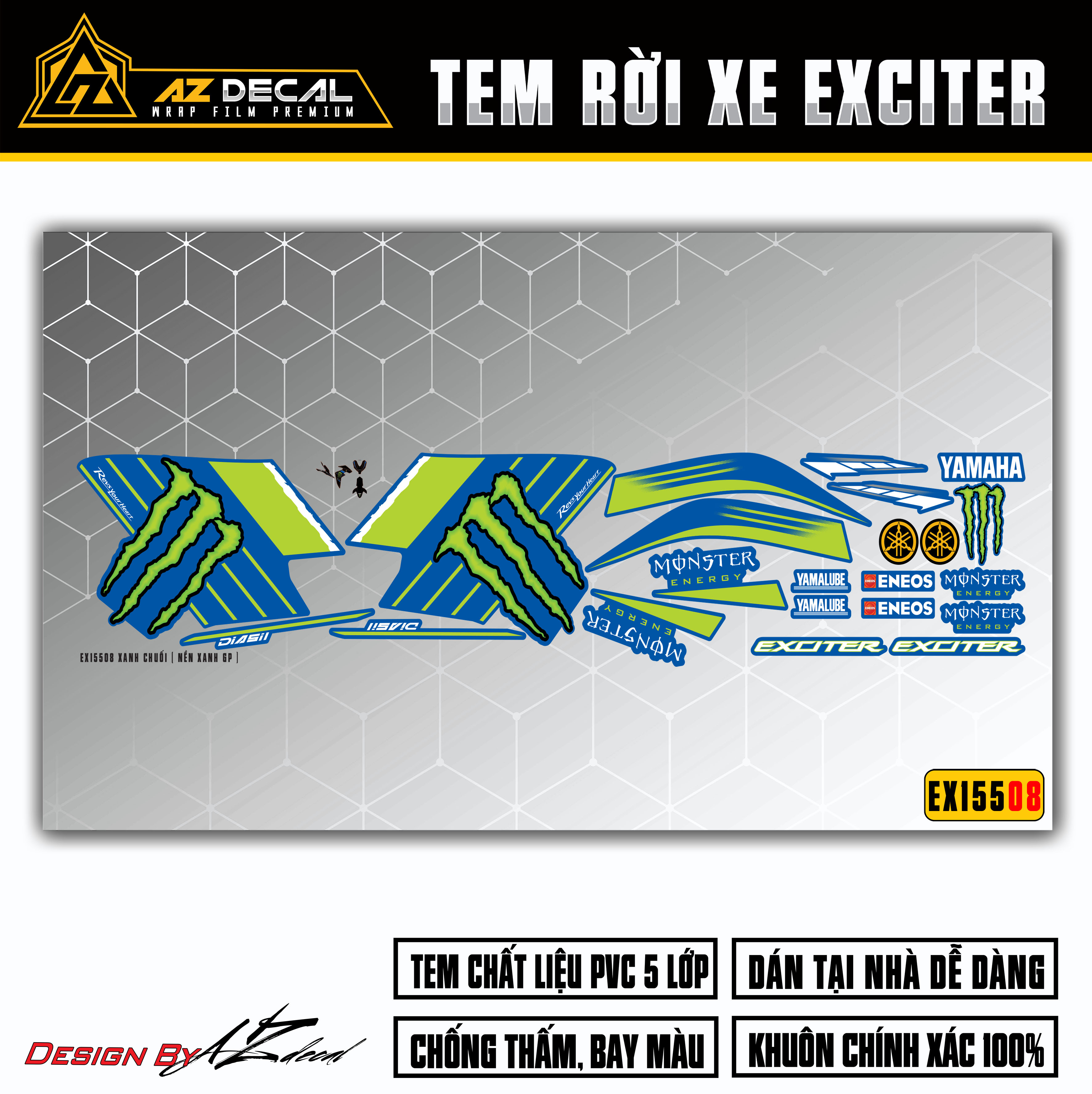 Tem Monster Exciter 155 | EX15508 | Áp Dụng Cho Xe Ex Màu Xe Đỏ, Đen, Trắng, Xanh GP | Cắt Khuôn Sắn Dễ Dán Tại Nhà