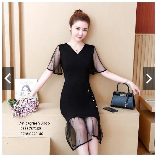 67nh0220-Đầm Midi nữ màu đen tay ngắn phong cách retro s-6xl