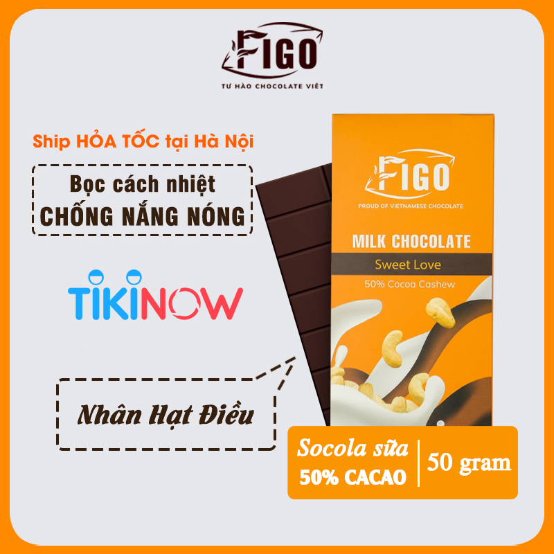 Combo 3 Thanh Kẹo Socola Milk Chocolate 50% Cacao Figo 50gr nhân hạt Điều, Hạnh Nhân, Sữa Dừa