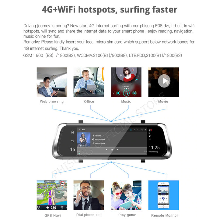 Camera hành trình gương phát wifi trên xe nhờ tích hợp 4G LTE, định vị GPS + BD cao cấp E08-E - Hàng nhập khẩu