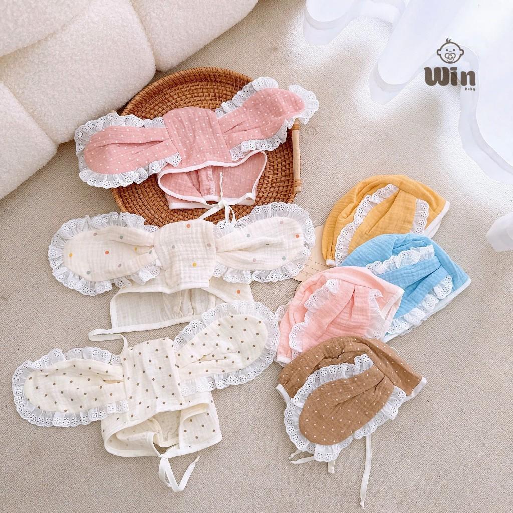 Mũ Nón Tai Thỏ Cột Dây Chất Xô Muslin Mềm, Thoáng, Siêu Cute Cho Bé Gái 1-12 Tháng
