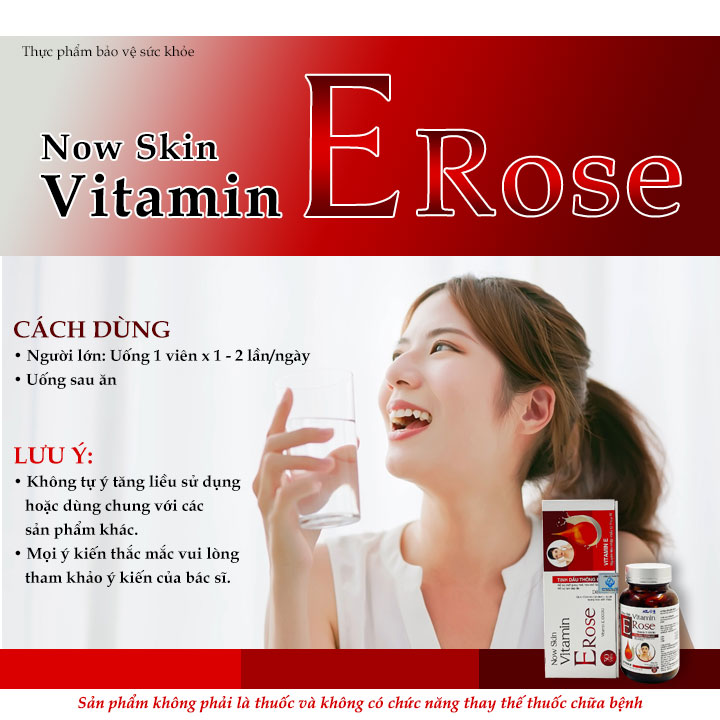 Viên uống đẹp da ngăn ngừa lão hóa Now Skin Vitamin E Rose 1000IU giúp giảm sạm nám nếp nhăn tàn nhang. Hộp 30 viên
