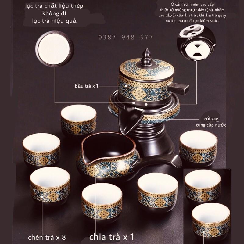 Combo-Khay + Bộ ấm chén pha trà đẹp cối xay gốm sứ cao cấp , Bộ chén uống trà đạo 19 chi tiết hoa cẩm xanh , chén trắng