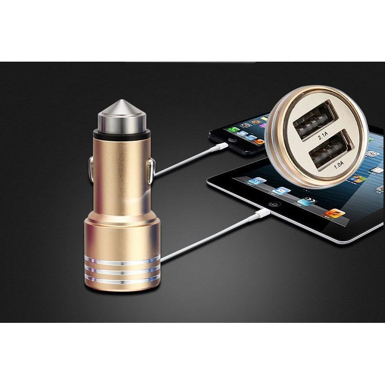 Tẩu Sạc Nhanh 2 USB 3.1A Trên Xe Hơi, Ô Tô Kiêm Búa Phá Kính Thoát Hiểm