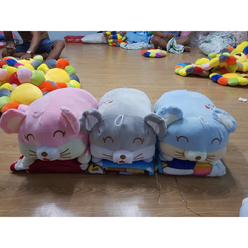 Combo Gấu bông 50cm kèm chăn hình bé heo - chuột vải nhung mịn bông êm dễ thương- hàng cao cấp