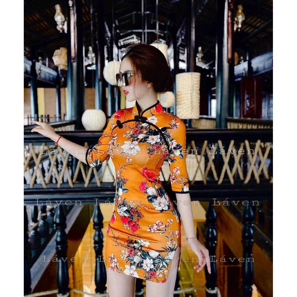 Đầm body cổ tàu tay lỡ hoạ tiết siêu xinh