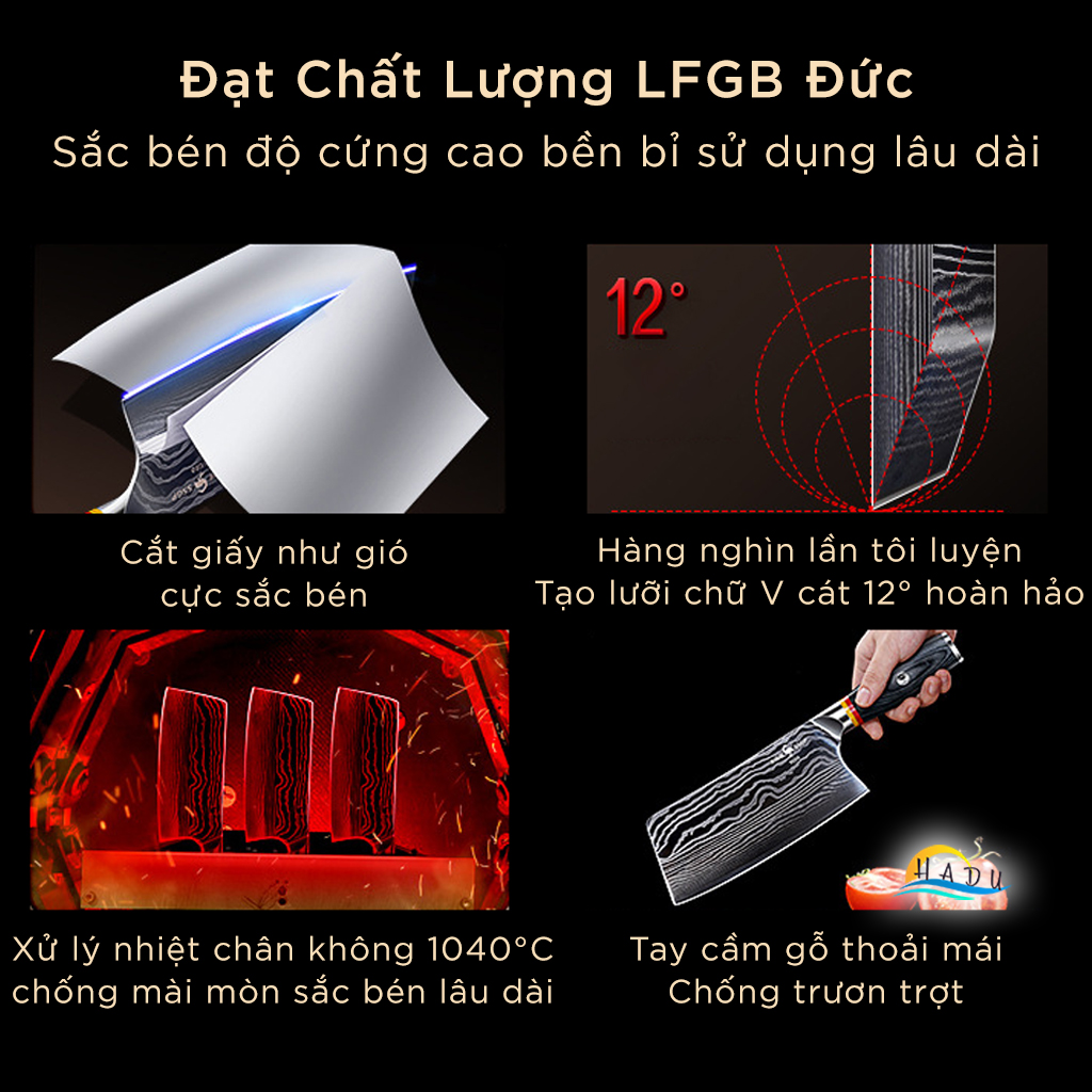 Dao Chặt Xương Thịt Gà Bò Giò Heo Kiểu Nhật Bản Cao Cấp Thép Damascus Đạt Chất Lượng LFGB Đức SSGP