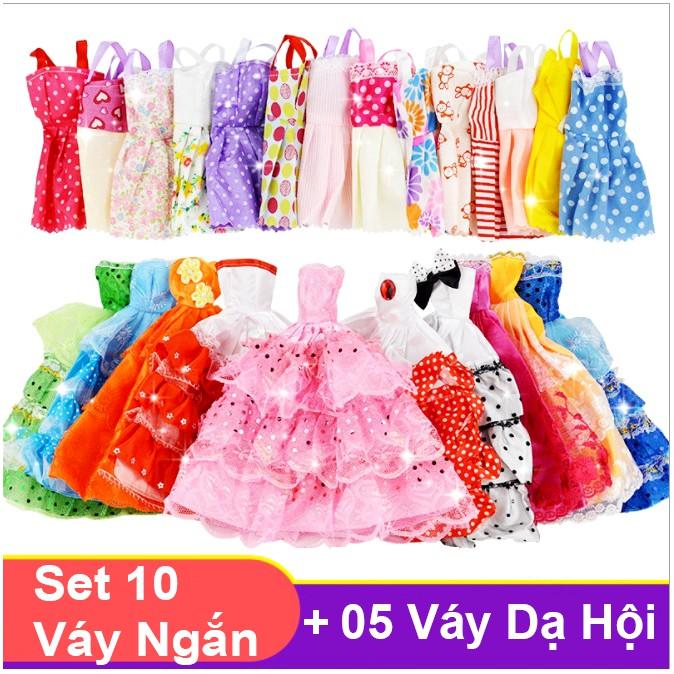 Bộ Set 10 Váy Ngắn + 05 Váy Đầm Dạ Hội Búp Bê 30Cm