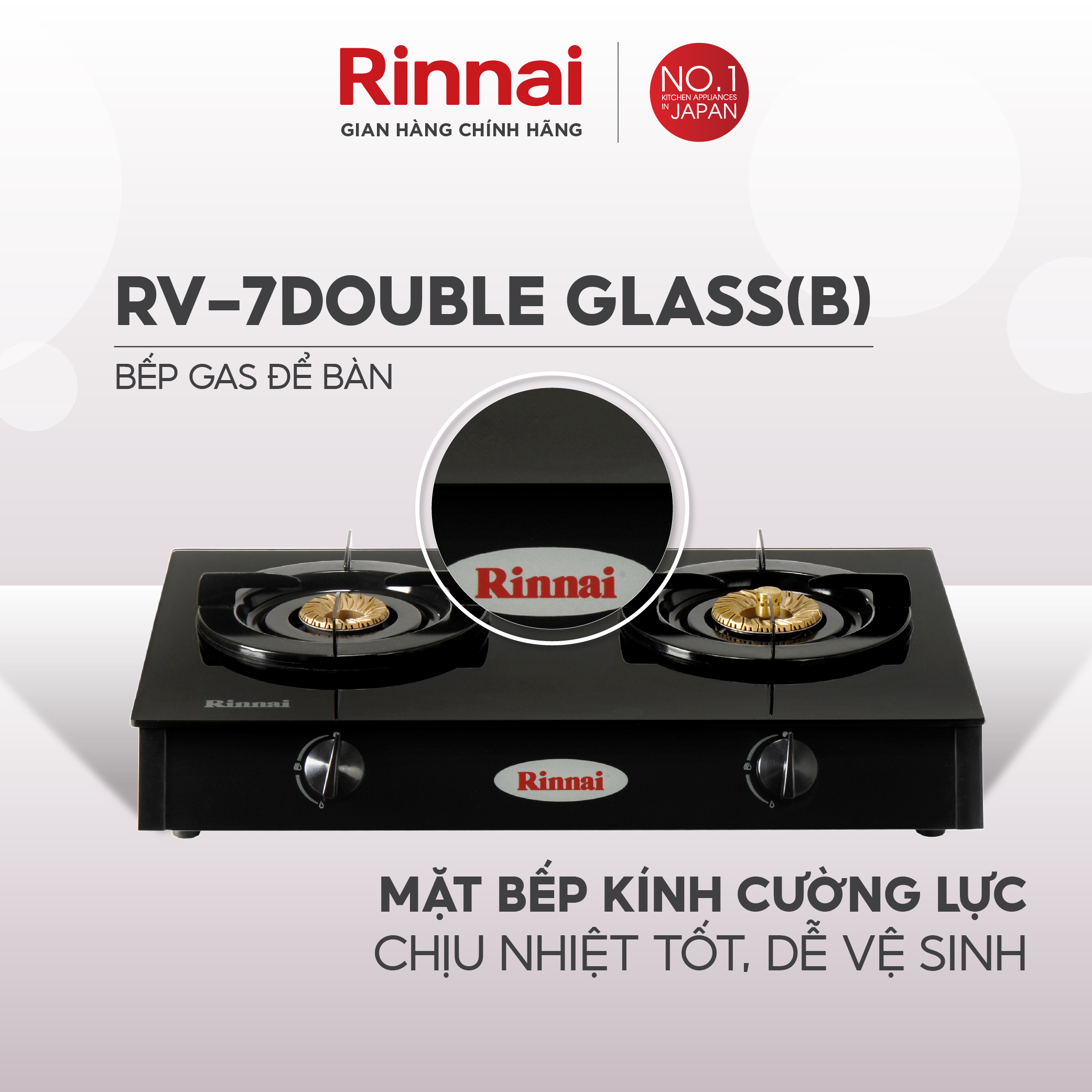 Bếp gas dương Rinnai RV-7Double Glass(B) mặt bếp kính và kiềng bếp men - Hàng chính hãng.