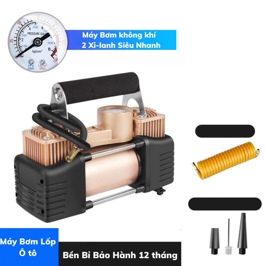 Bộ Bơm Lốp Ô Tô, Xe Hơi 2 Xi Lanh Công suất lớn,thiết kế mạ đồng Siêu Bền.Kèm Hộp và dụng Vá sửa chữa khẩn cấp