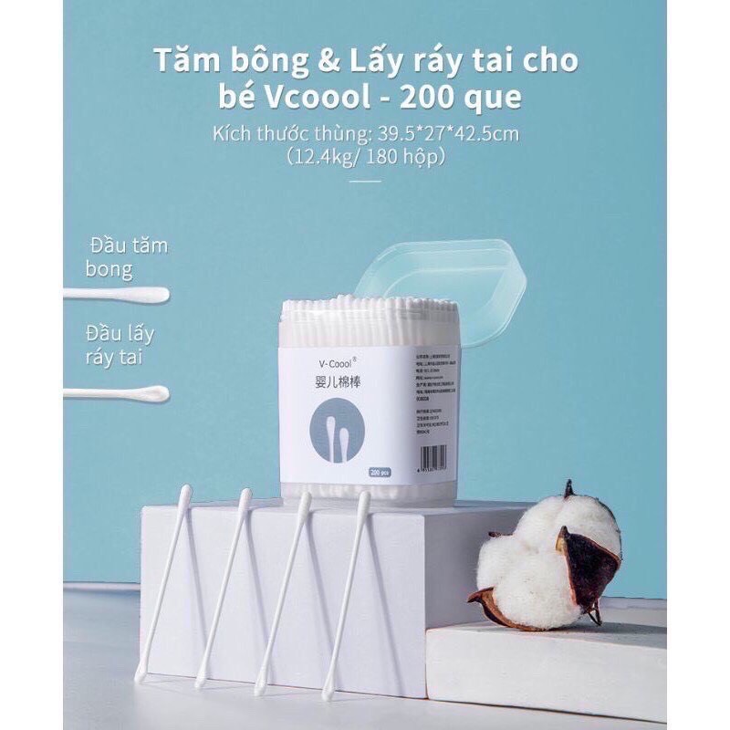 Tăm bông V-Coool đa năng hộp 200 que, làm sạch mắt, mũi, tai, miệng an toàn cho bé sơ sinh