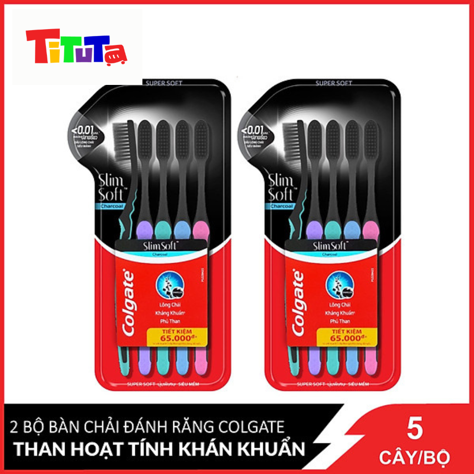 Combo 2 Bộ 5 Bàn chải đánh răng Colgate than hoạt tính kháng khuẩn SlimSoft Charcoal mềm mảnh