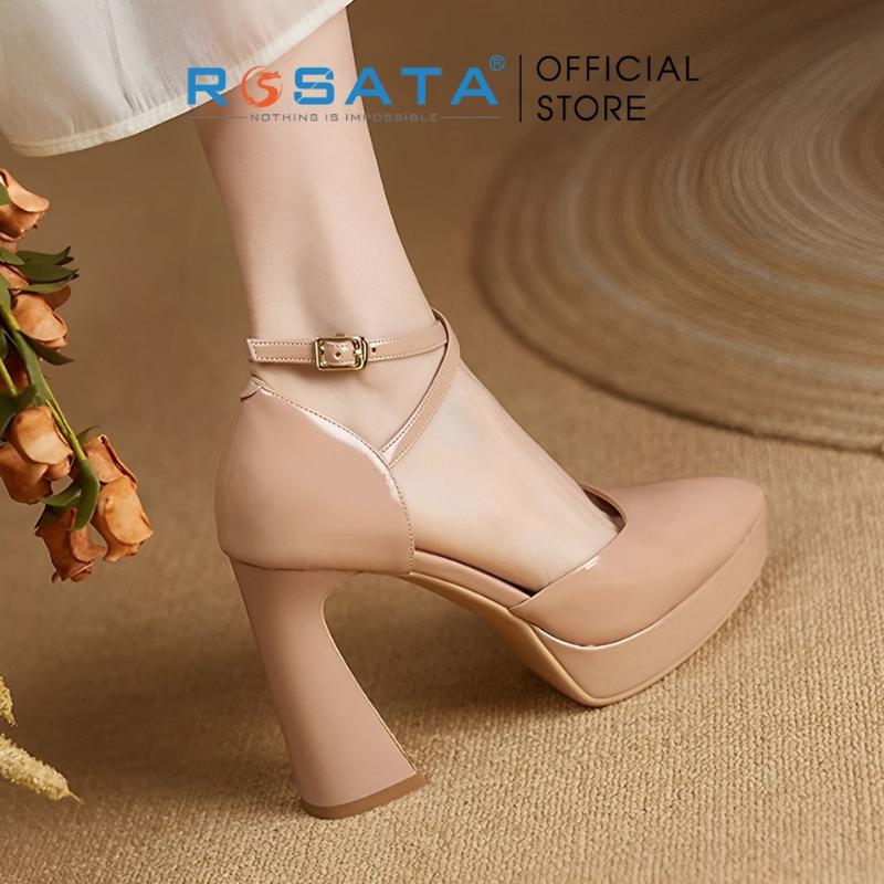 Giày cao gót nữ ROSATA RO493 da trơn mũi nhọn quai hậu khóa cài dây mảnh gót cao 8cm xuất xứ Việt Nam