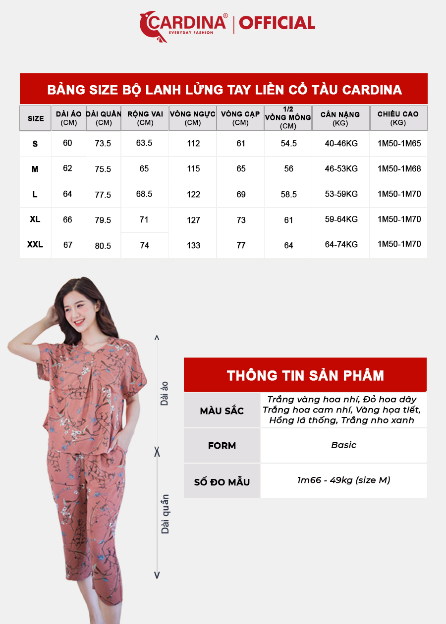 Đồ Bộ Nữ CARDINA Chất Lanh Tre Cao Cấp Quần Lửng Cổ Tàu Áo Tay Liền Họa Tiết Trẻ Trung 3LF02