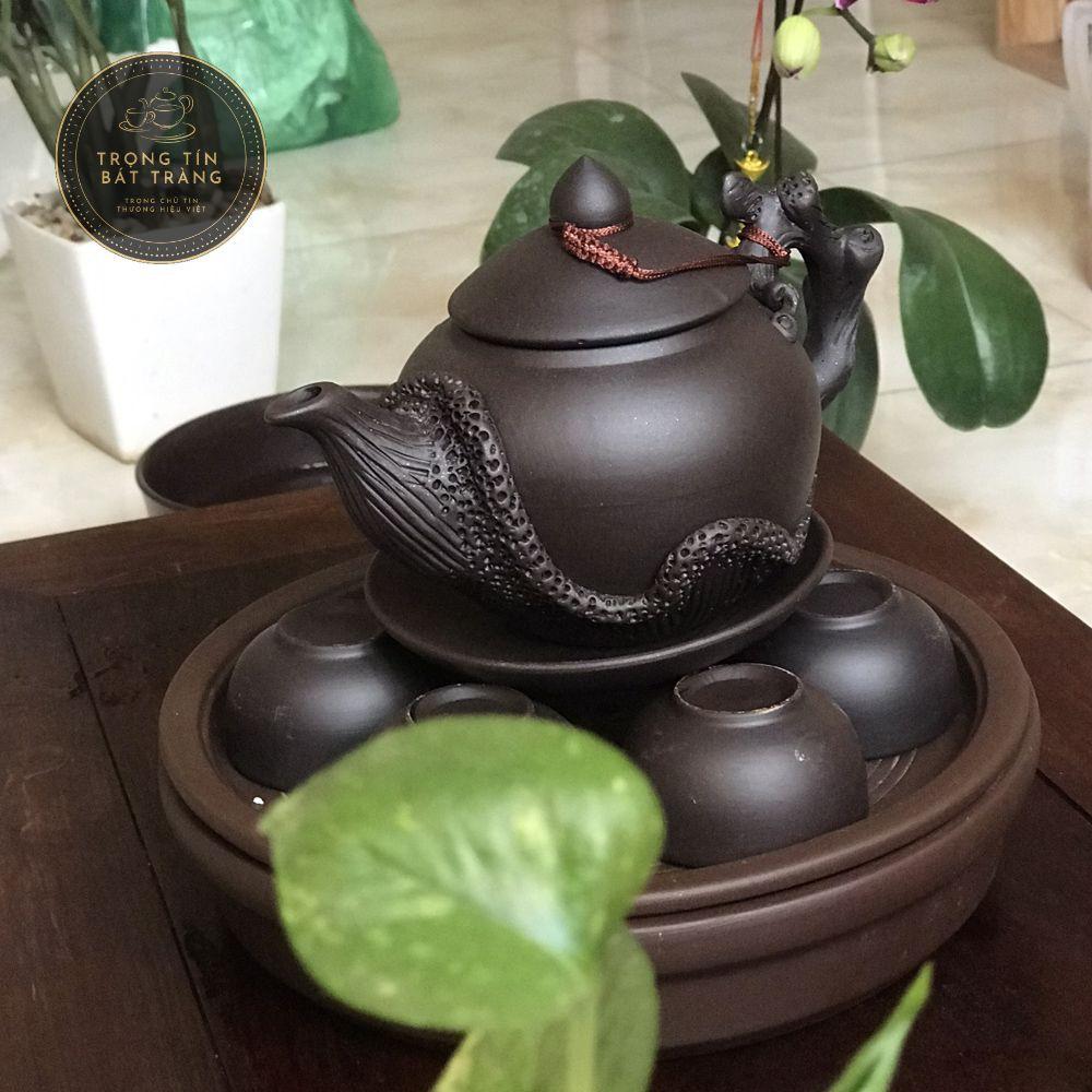Bộ Ấm Chén Trà Đạo Gốm Tử Sa Bát Tràng Đắp Nổi Hoa Phù Dung Dáng Thủy Bình Dung Tích 400ml ATSML 02.2