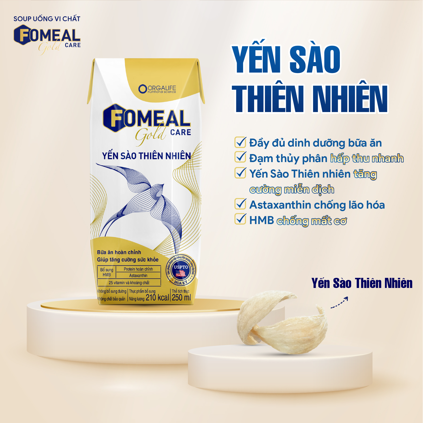 Thùng 30 hộp Fomeal Care Gold Yến Sào Thiên Nhiên 250ml/hộp - Súp uống tăng cường sức khỏe toàn diện, chắc khỏe xương