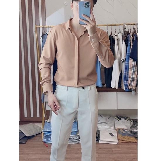 Áo Sơ Mi nam lụa trơn Cao Cấp không nhăn kiểu giấu cúc Đen Trắng Nâu Xám - form đẹp vừa ôm ,suông rộng công sở Hàn Quốc