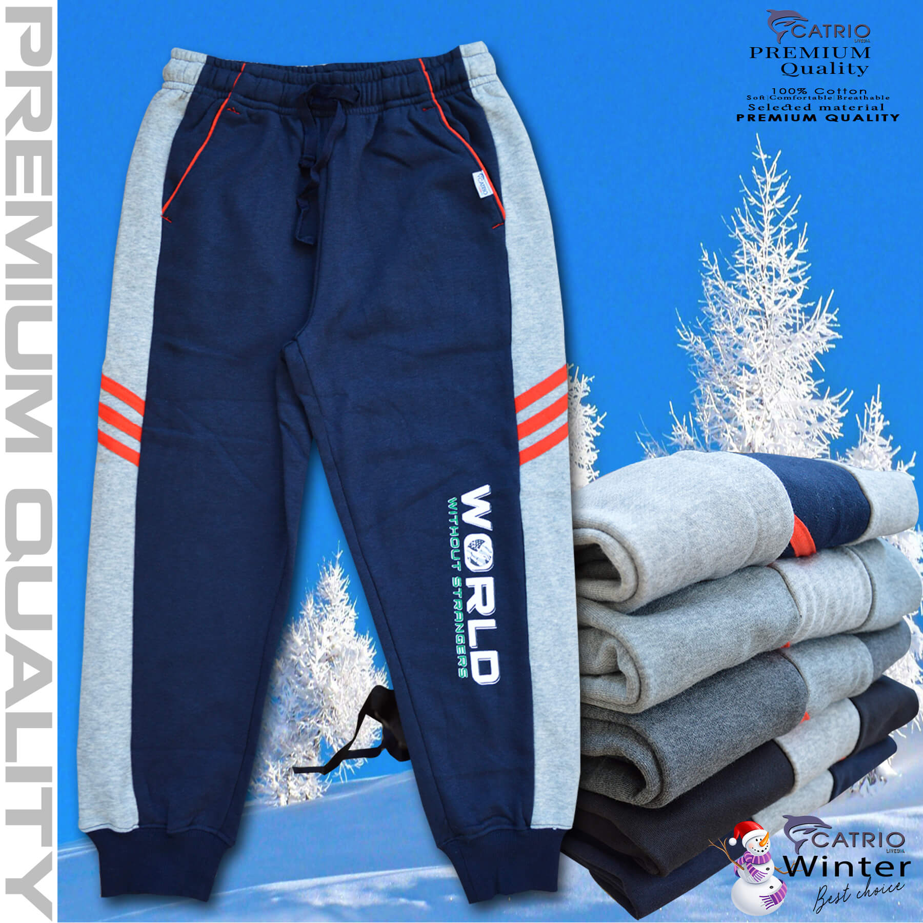Quần dài bé trai vải 100% cotton PHỐI SƯỜN màu NAVY pha XÁM in WORLD là quần nỉ trẻ em CATRIO từ 9 tuổi đến 18 tuổi phù hợp thời tiết se lạnh mùa thu đông với kiểu dáng thể thao tuyệt đẹp