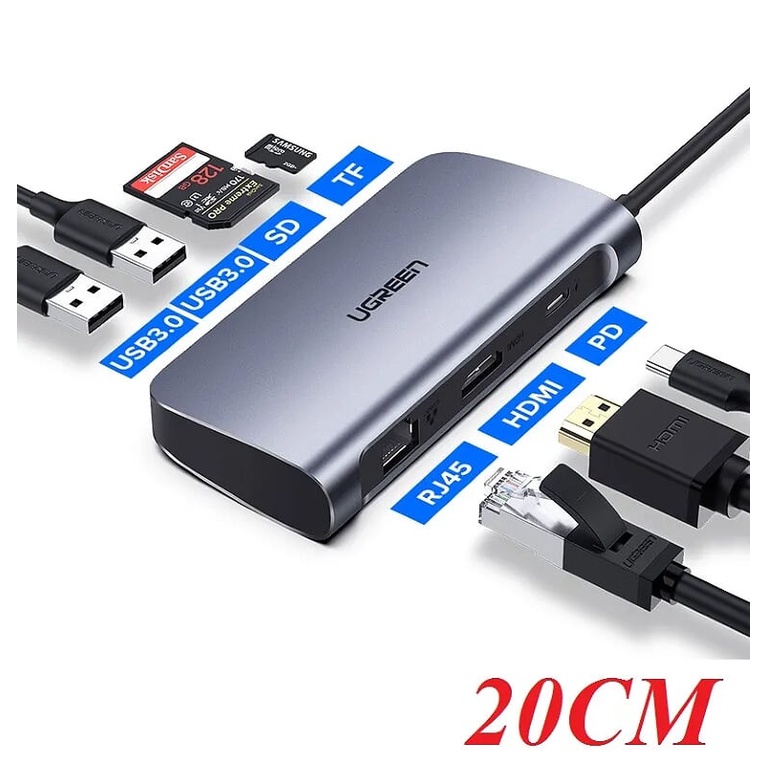Bộ chia Hub USB type C 7 in 1 Ugreen 50852 Chính Hãng CM212 - Type C to HDMI 4K - Lan Gigabit + 2USB 3.0/Reader SD/TF hàng chính hãng