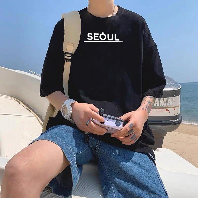 Áo thun unisex form rộng nam nữ tay lỡ SEOUL vải dày mịn