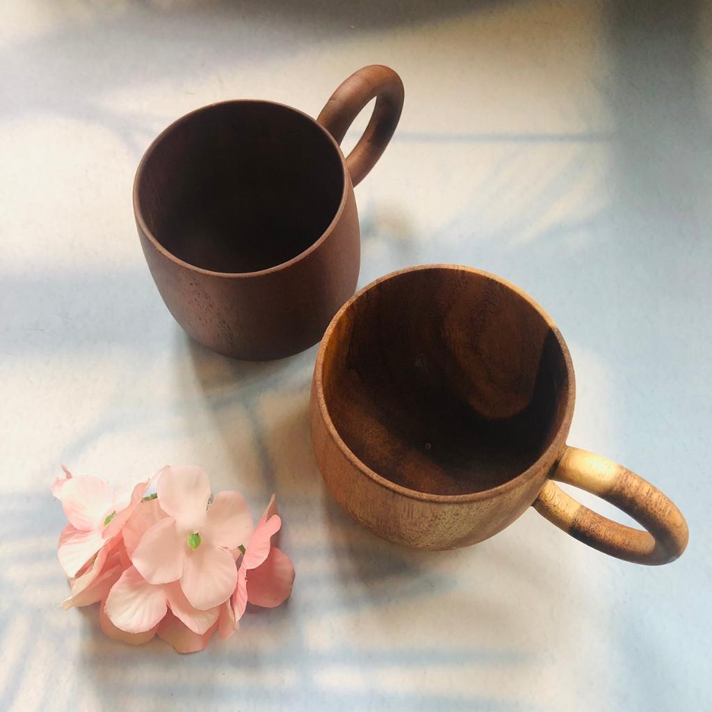 Cốc Gỗ Keo Nâu Đen 7x7 cm, Có Quai Tay Cầm, Cốc Uống Trà, Cà Phê, Phong Cách Vintage, Chụp Ảnh Trang Trí Xinh Xắn