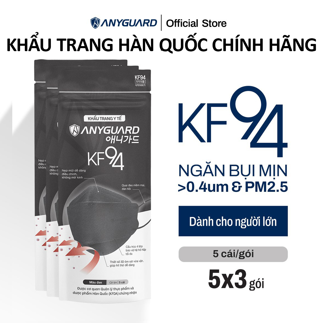 ComBo (15 Chiếc) Khẩu Trang Y Tế Anyguard KF94 Màu Đen - Lọc Bụi Mịn và PM2.5, Ngăn 99% Vi Khuẩn, An Toàn Cho Da Nhạy Cảm (3 Gói), Dành Cho Người Lớn