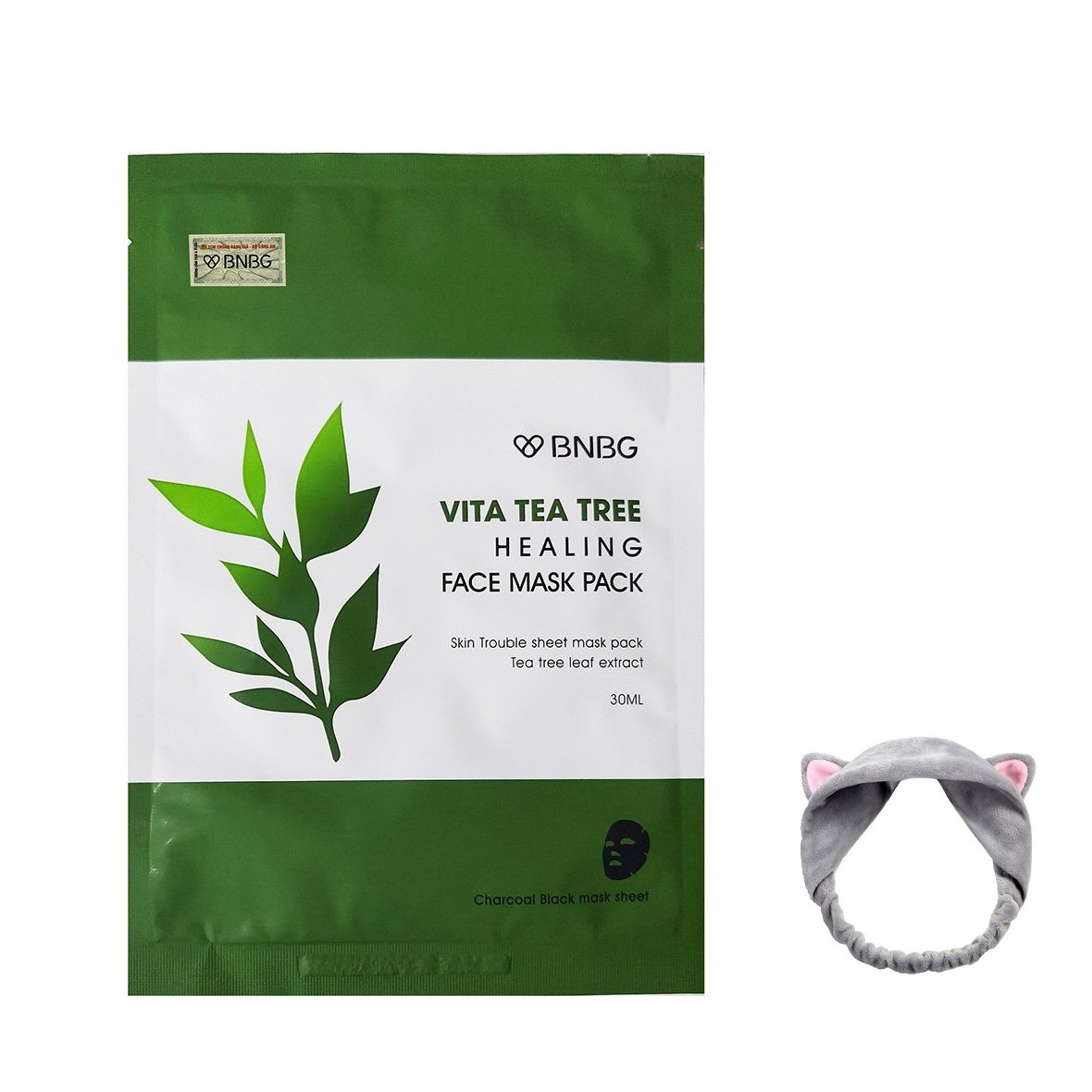 Hộp 10 Mặt Nạ Tràm Trà Giảm Mụn, Thải Độc Da BNBG Vita Tea Tree Healing Face Mask Pack 30ml + Tặng Kèm 1 Băng Đô Tai Mèo ( MÀu Ngẫu Nhiên)