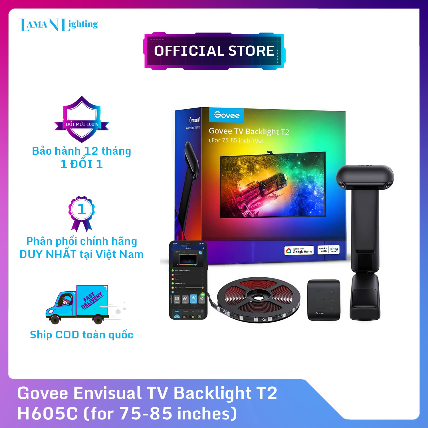 Dây đèn LED trang trí TV Govee Envisual TV Backlight T2 cho Tivi 75-85&quot; H605C | Led thông minh cho rạp phim tại nhà