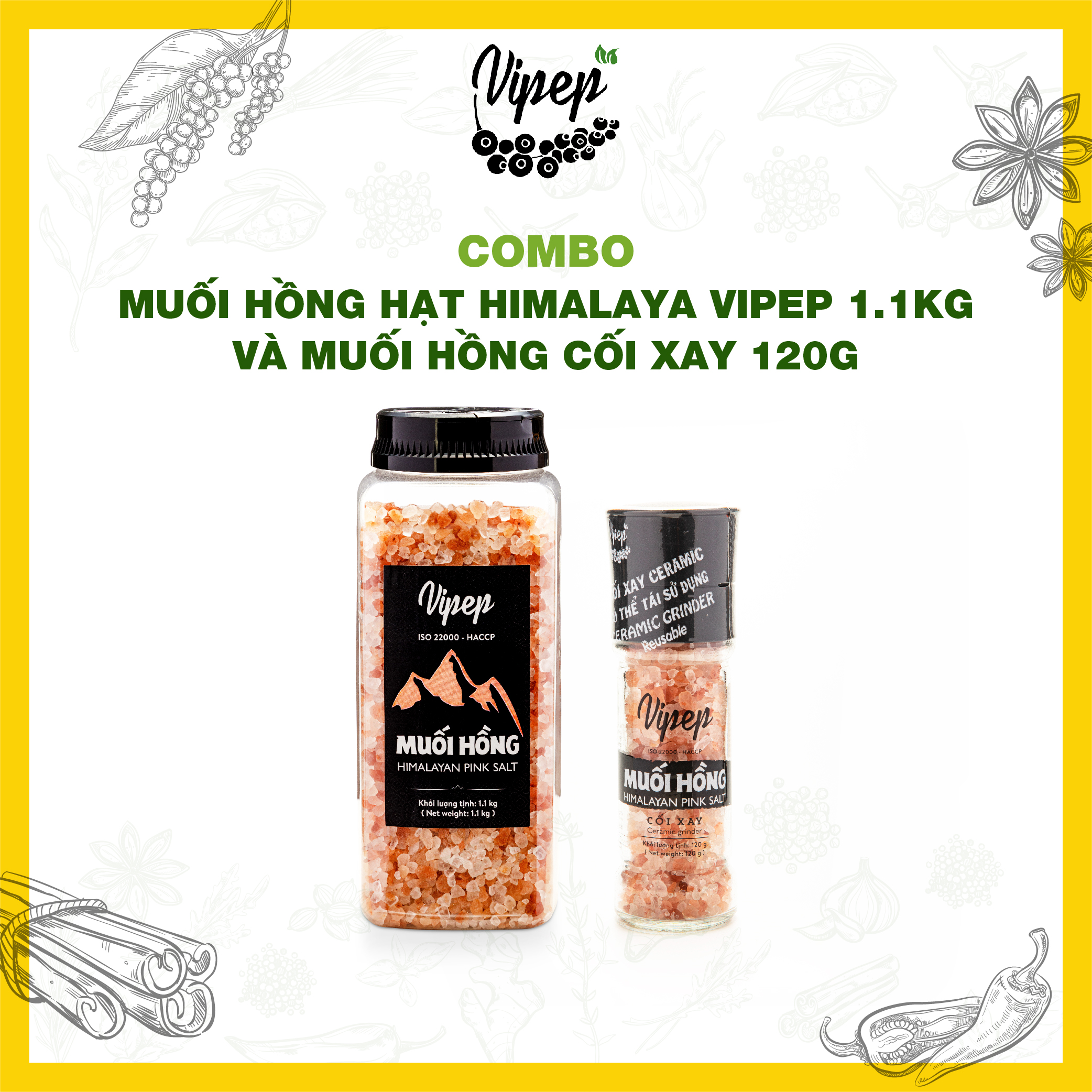 Muối Hồng Himalaya Vipep Hạt 1.1kg Tặng Cối Xay Ceramic