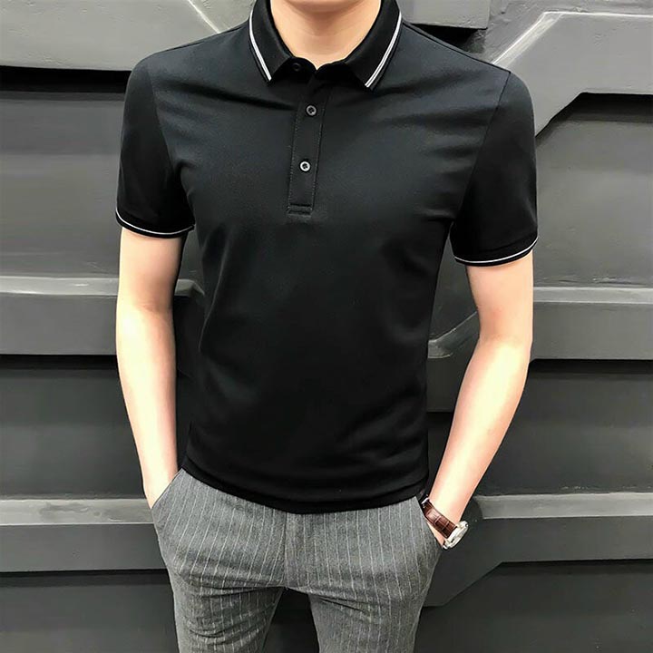 Áo thun polo nam có cổ tay ngắn màu đen vải thun cotton cao cấp phong cách hàn quốc skymen 1005