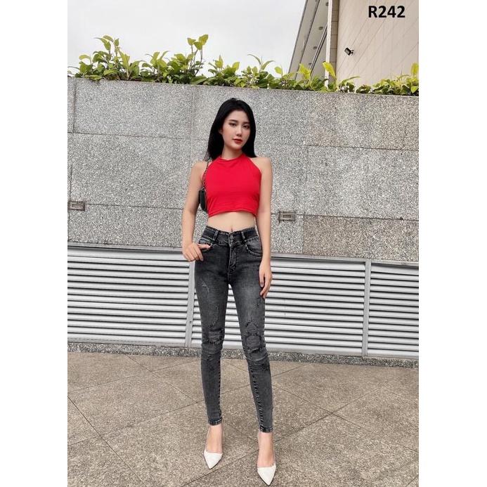 Quần Jean Nữ Màu XÁm Rách Lưng CAo 2 Nút CO Giãn